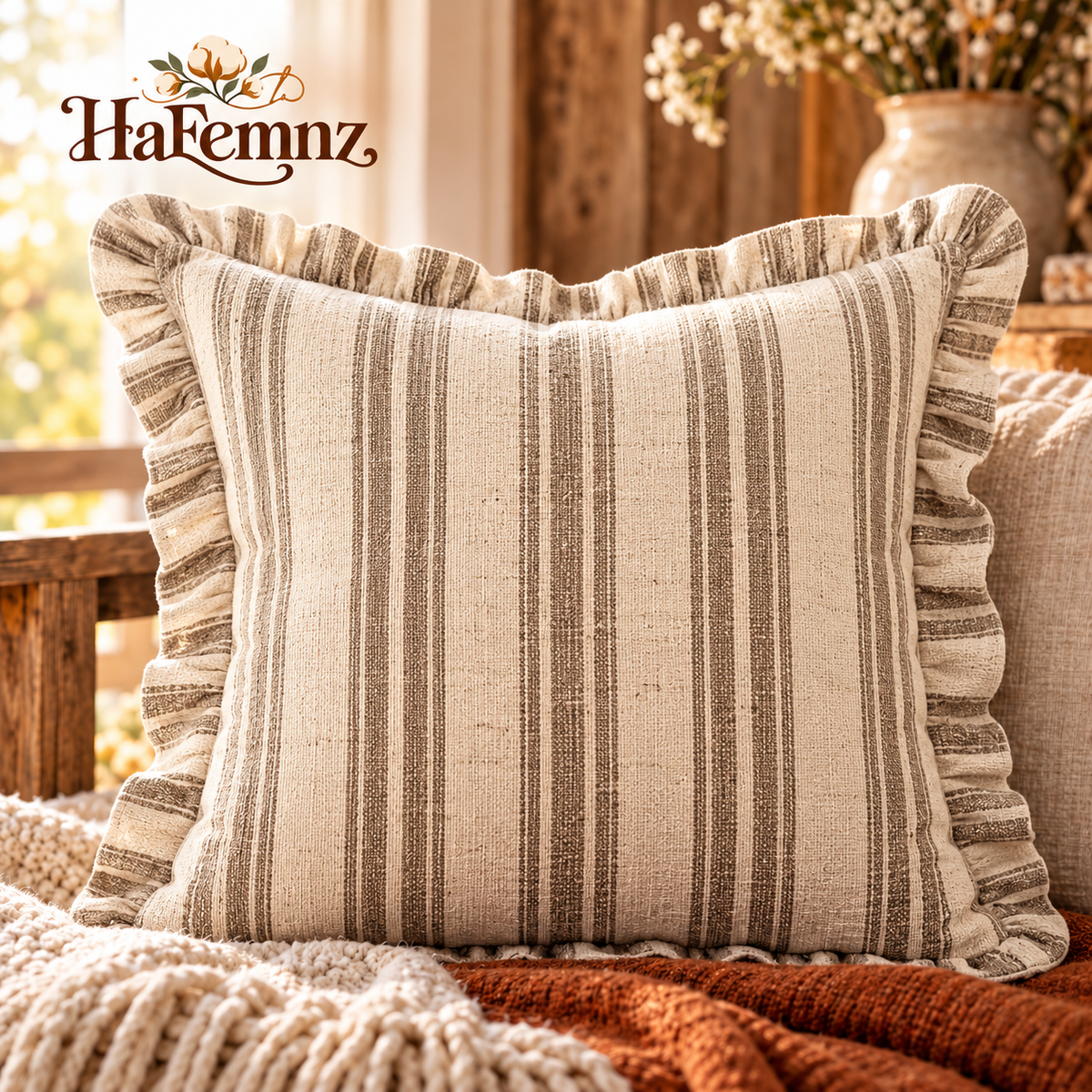 Farmhouse Ticking Stripe Ruffle Pillow Cover