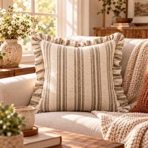 Farmhouse Ticking Stripe Ruffle Pillow Cover