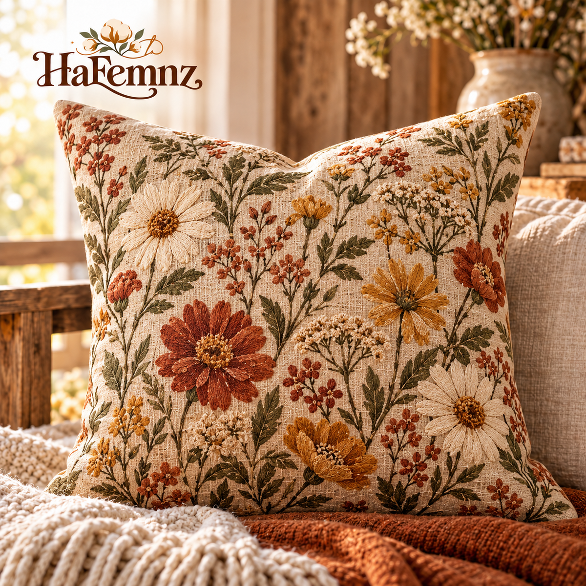Embroidered Wildflower Farmhouse Pillow Cover