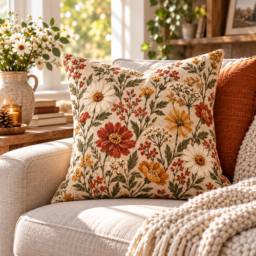 Embroidered Wildflower Farmhouse Pillow Cover