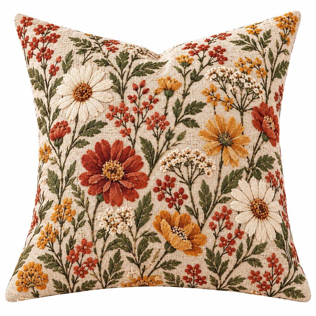 Embroidered Wildflower Farmhouse Pillow Cover