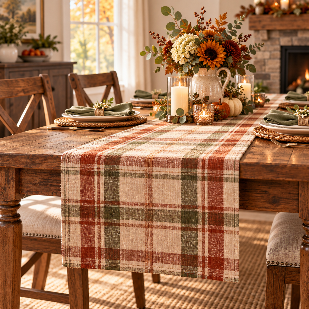 Rustic Plaid Linen-Look Table Runner