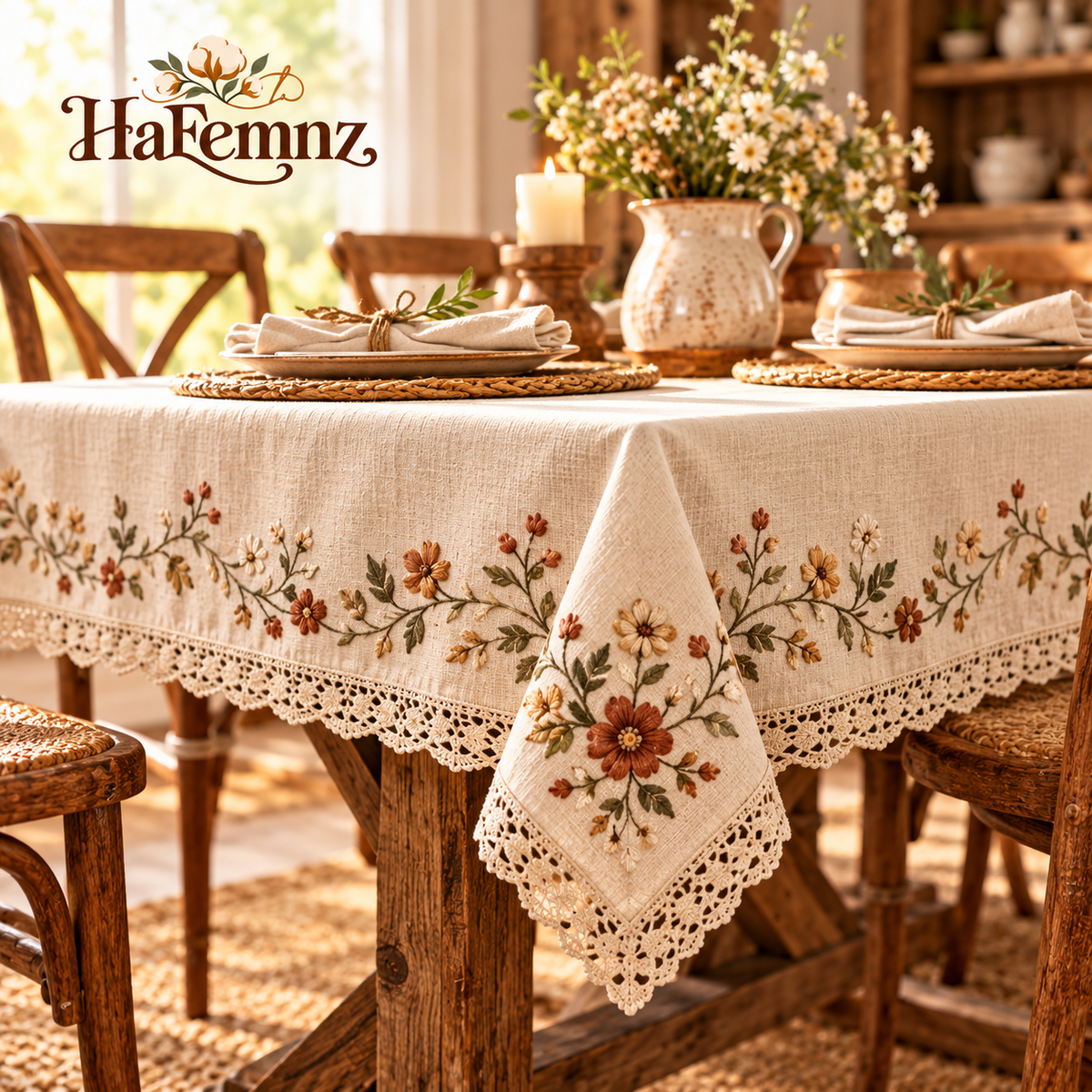 Vintage Floral Embroidered Lace Tablecloth