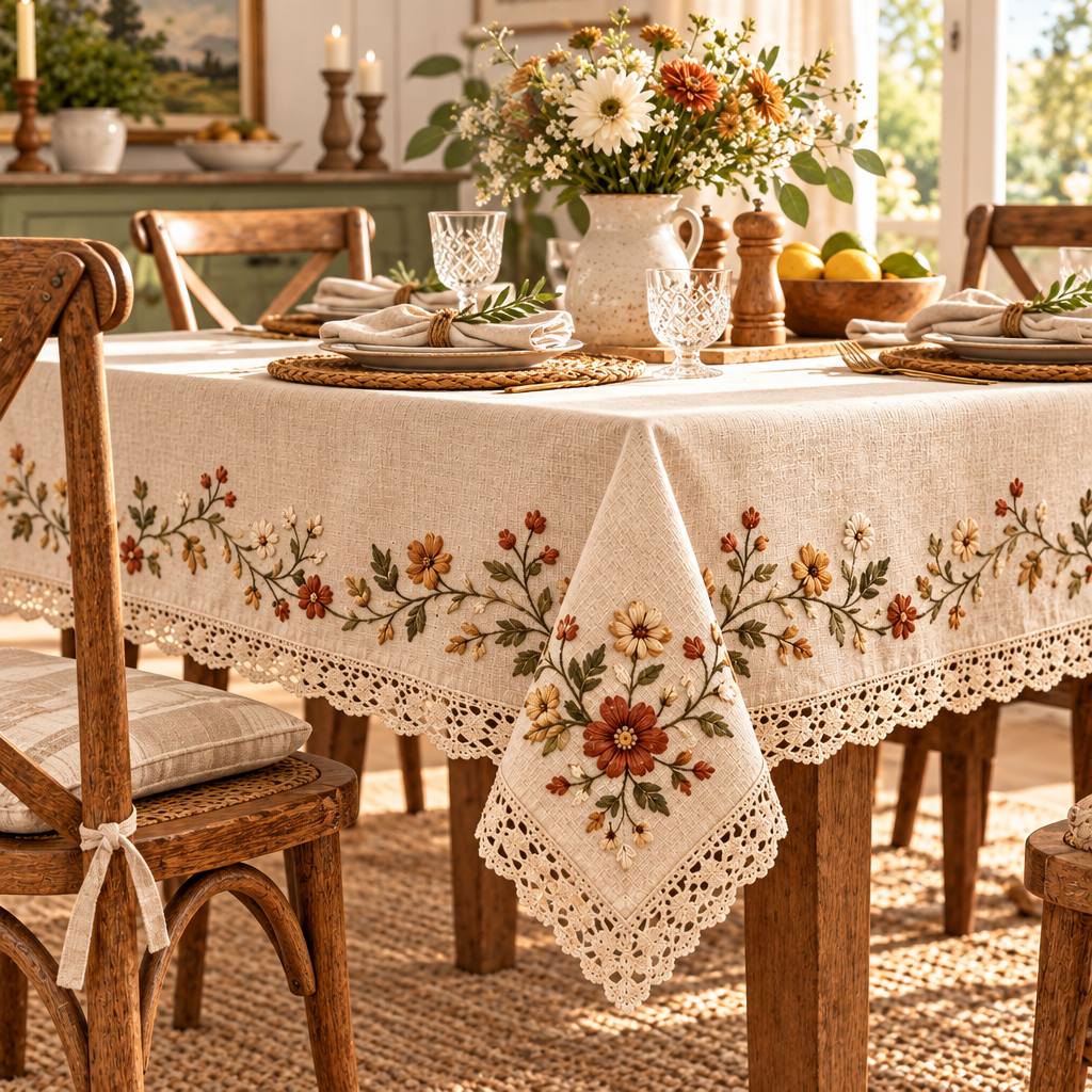 Vintage Floral Embroidered Lace Tablecloth