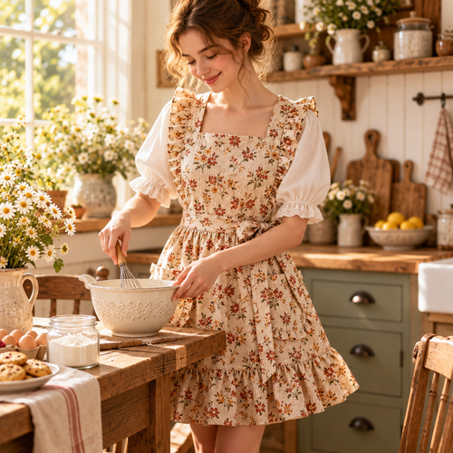 Cottage Floral Ruffle Kitchen Apron