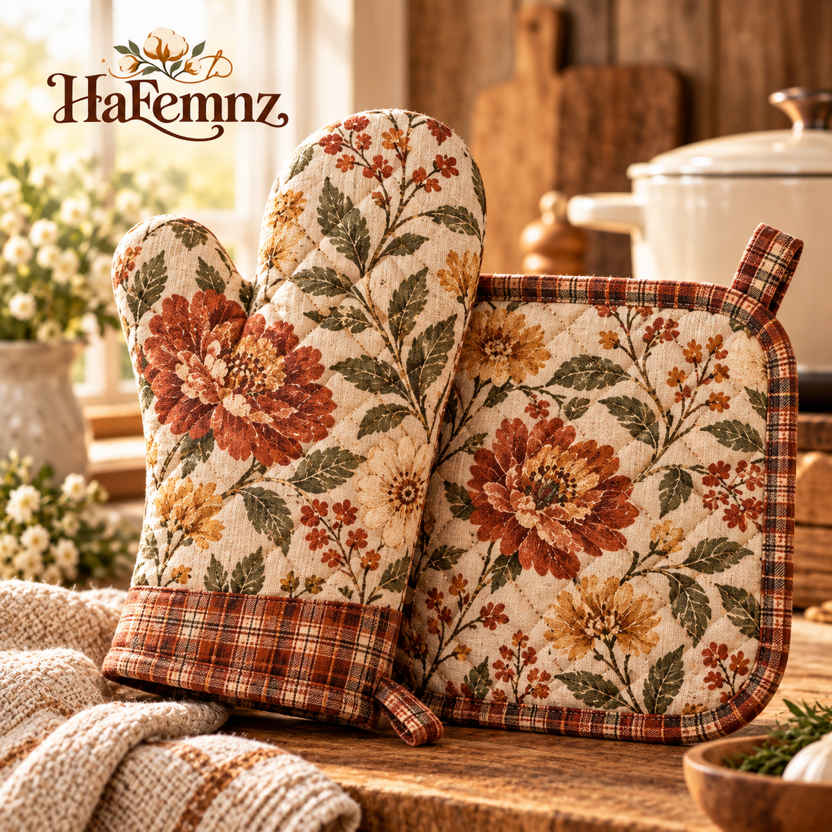 Quilted Floral Oven Mitt & Pot Holder Set