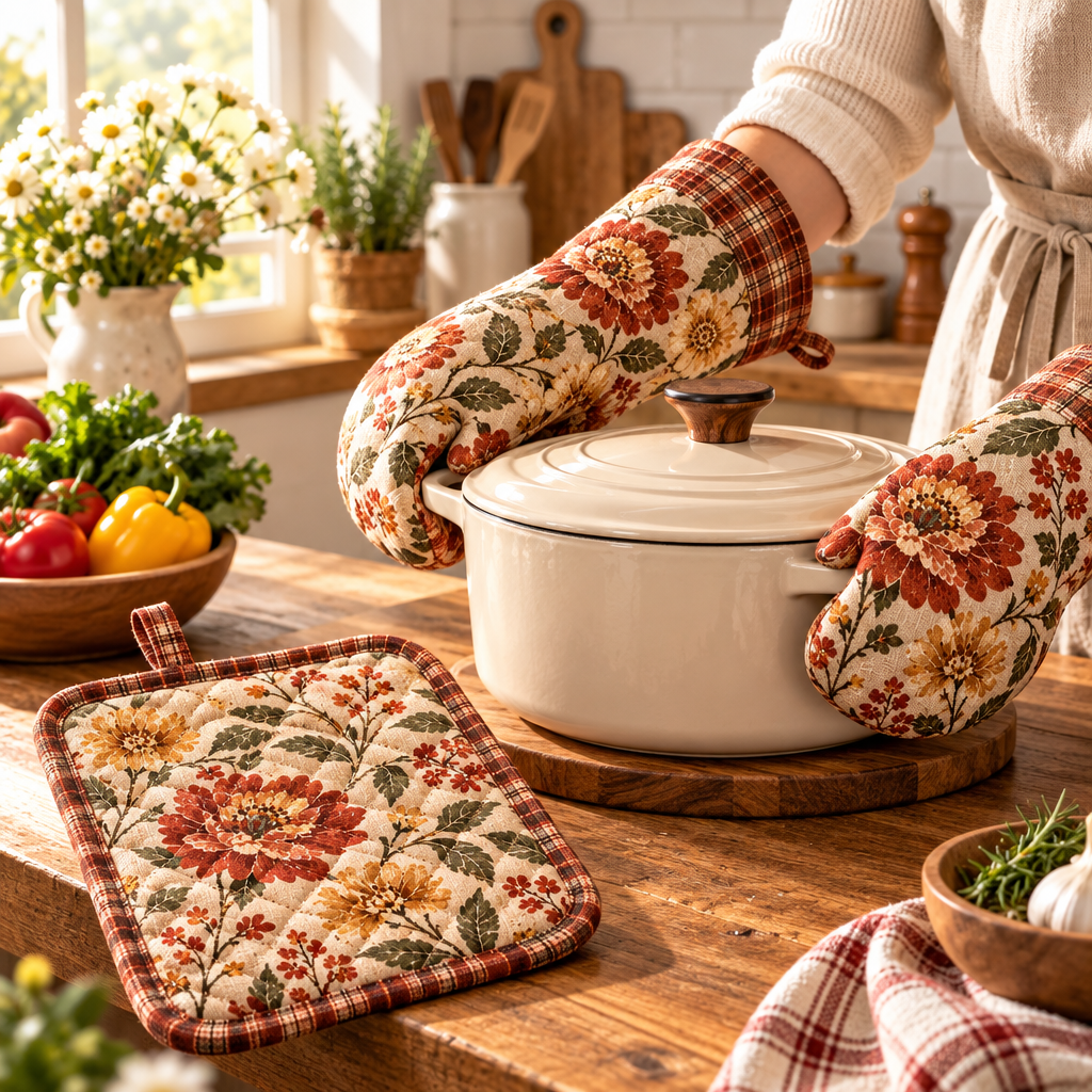 Quilted Floral Oven Mitt & Pot Holder Set