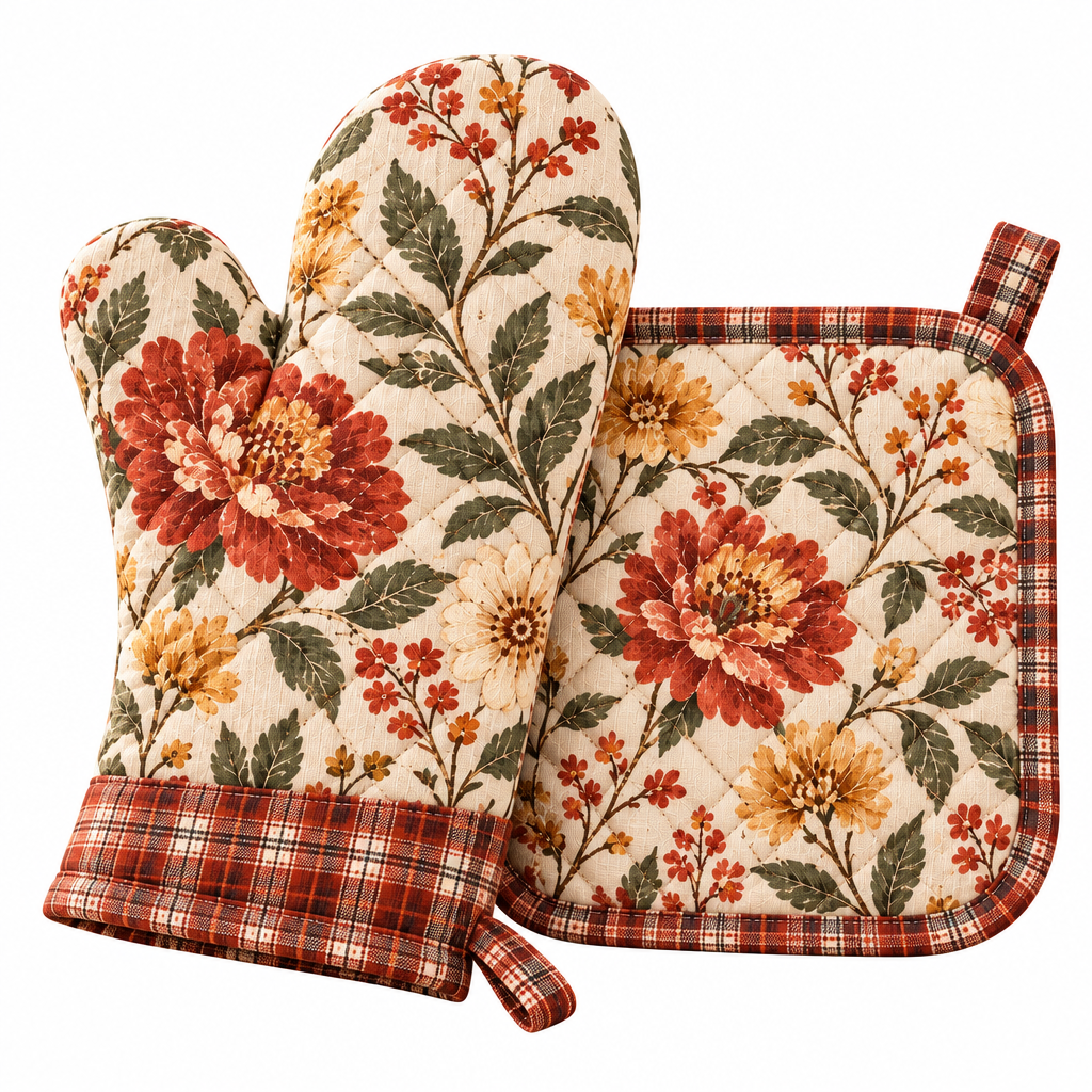 Quilted Floral Oven Mitt & Pot Holder Set